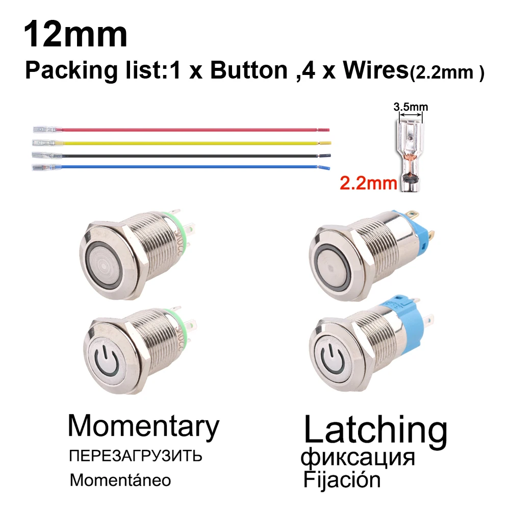 12mm Metal Push Button Switches 16/19/22mm Waterproof Button Switch With Wire 12V 6V 24V 220V LED Latching Momentary Red Blue