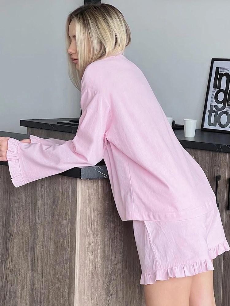 Linad Loose Women\'s Home Clothes 2 Piece Sets Pink Ruffle Long Sleeve Sleepwear Female Casual Suits With Shorts Summer Pajamas