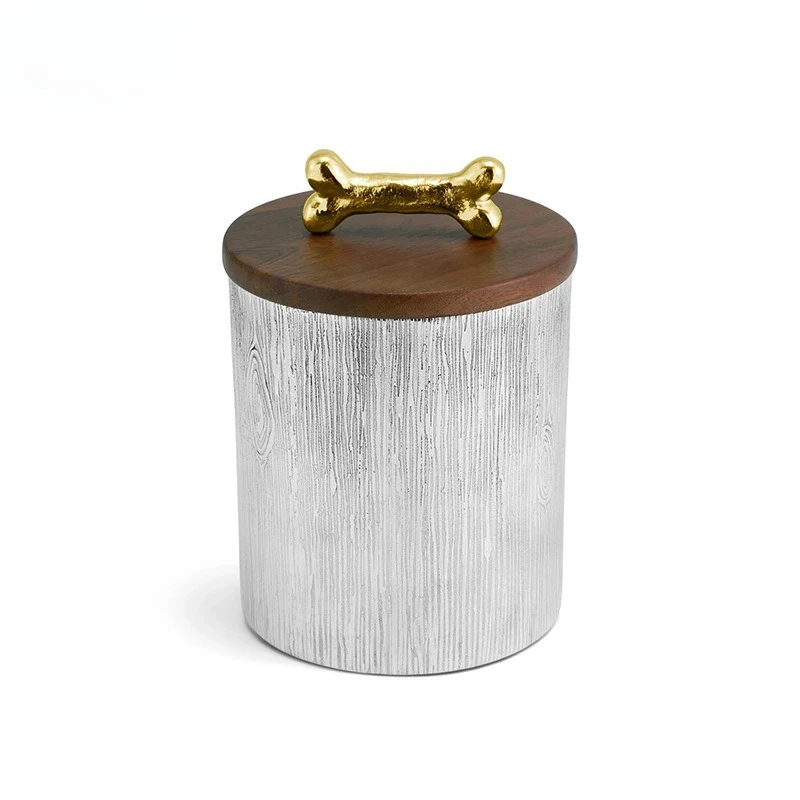 

Storage Aluminum Can Wood Cover Gold Plated Handle Creative Dog Food Can Pet Home