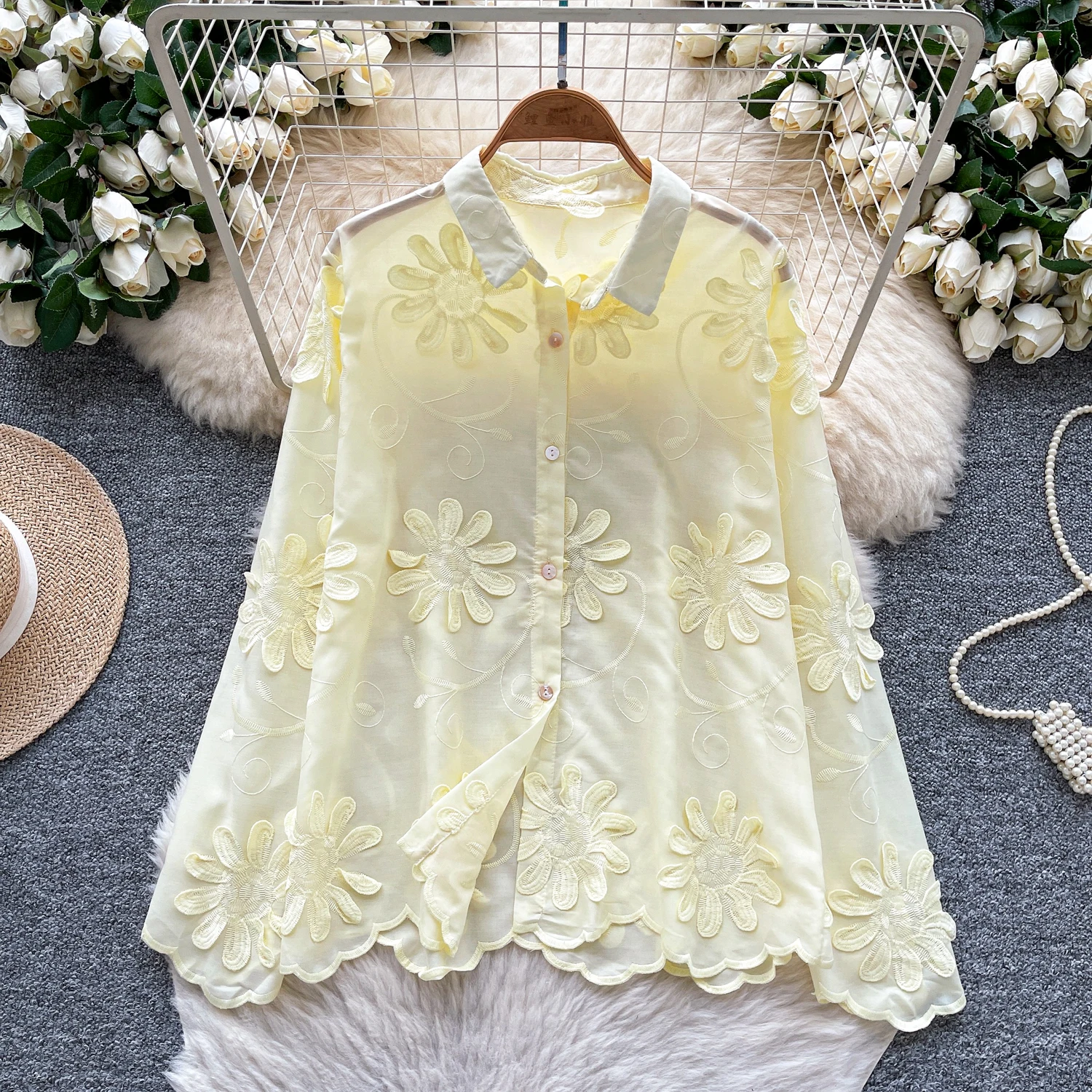 

Винтажная блузка с вышивкой, трехмерная пуговица с длинным рукавом, элегантная модная женская милая рубашка, женская одежда