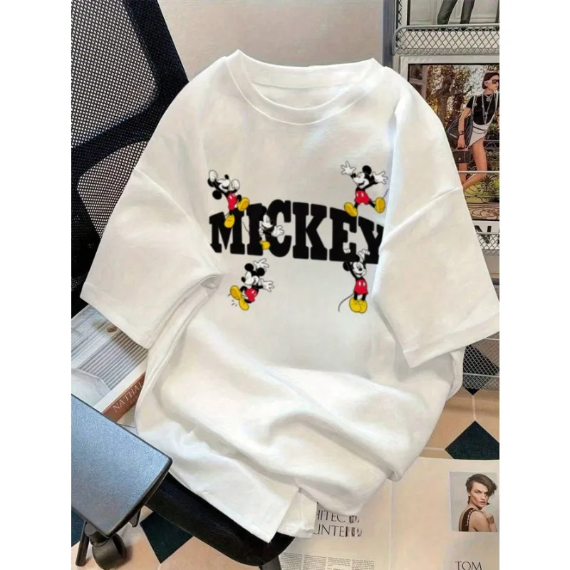 

Disney Fashion Women's Summer New Simple Cute Disney Cartoon Mickey Mouse Print Casual Round Neck White Short Sleeve