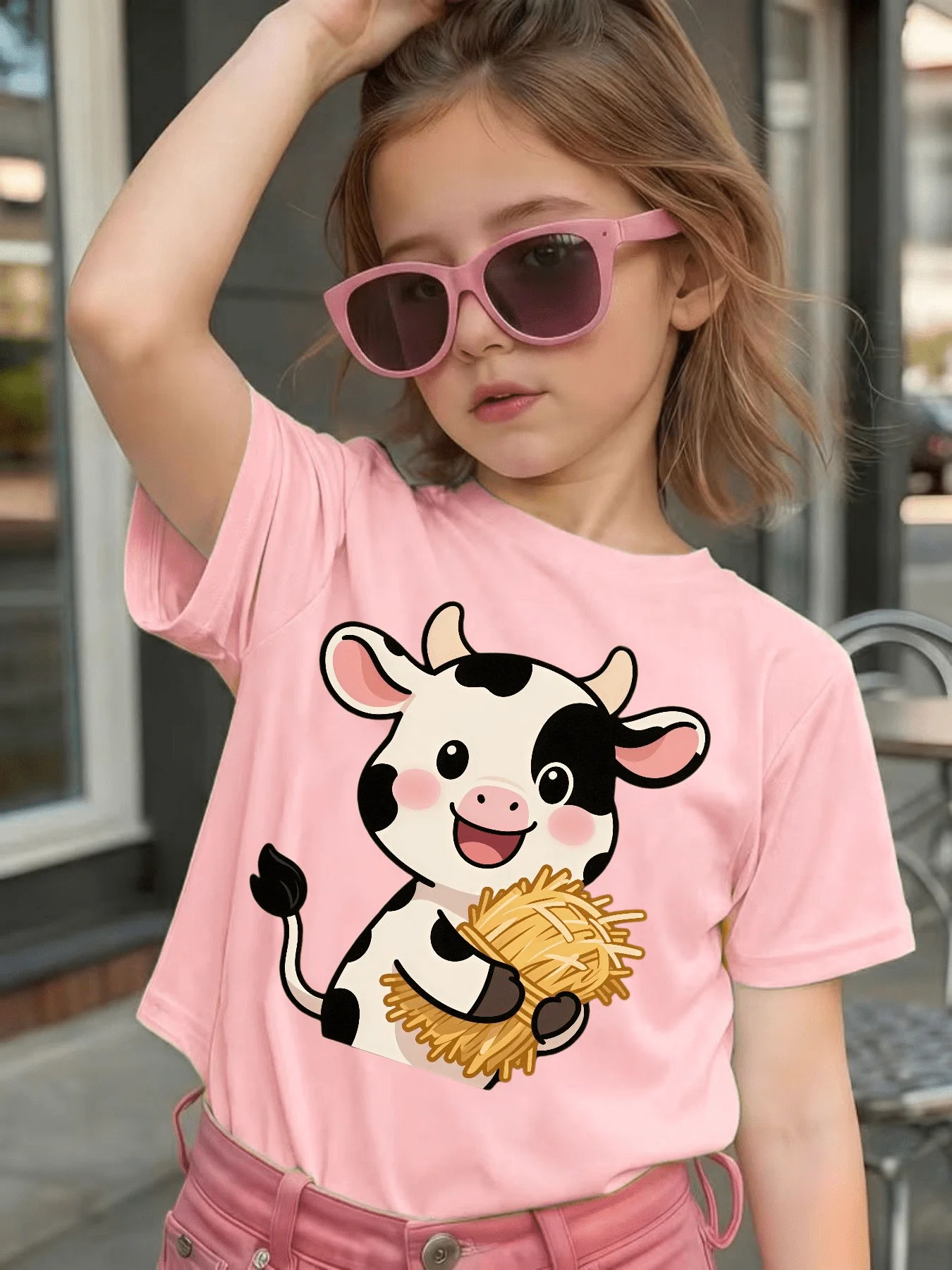 Cute Cartoon Cow With Hay Graphic Kids Tee Boys Girls Family Matching Cotton Crew Neck Short Sleeve Soft Casual Summer Tee