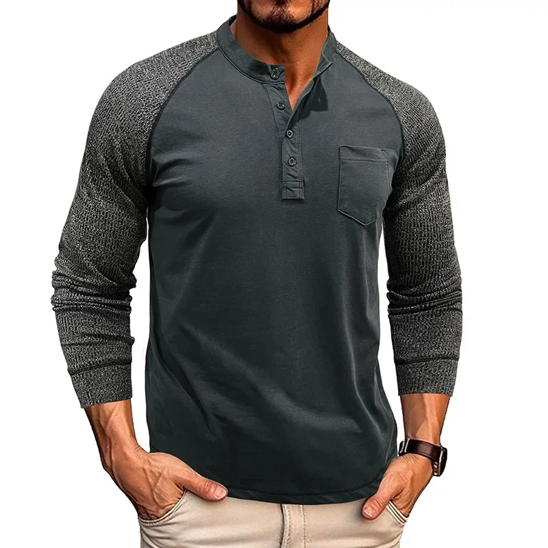 LIBIELIY Spring Autumn Men's Long Sleeve T-Shirt Henry Collar Patchwork Casual Tshirt Men 60% Cotton Tees Tops Fashion Pull On T