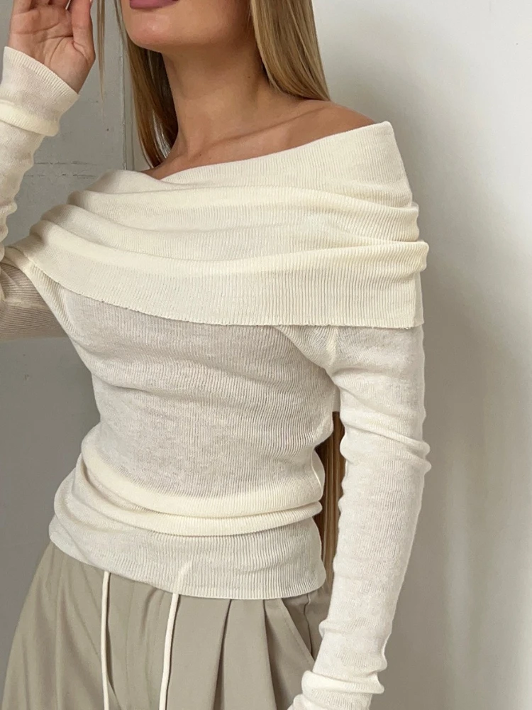 

Spring Autumn Sweater Women Long Sleeve Tops Knitted Slim Basic All-match Sexy Elegant Off Shoulder Pullovers Female Clothing