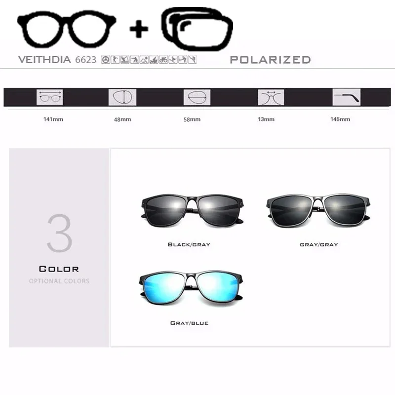VEITHDIA نمط جديد تخصيص وصفة طبية النظارات الشمسية UV400 عدسات قطبية خمر نظارات قصر النظر نظارات للذكور الإناث P66230 #4