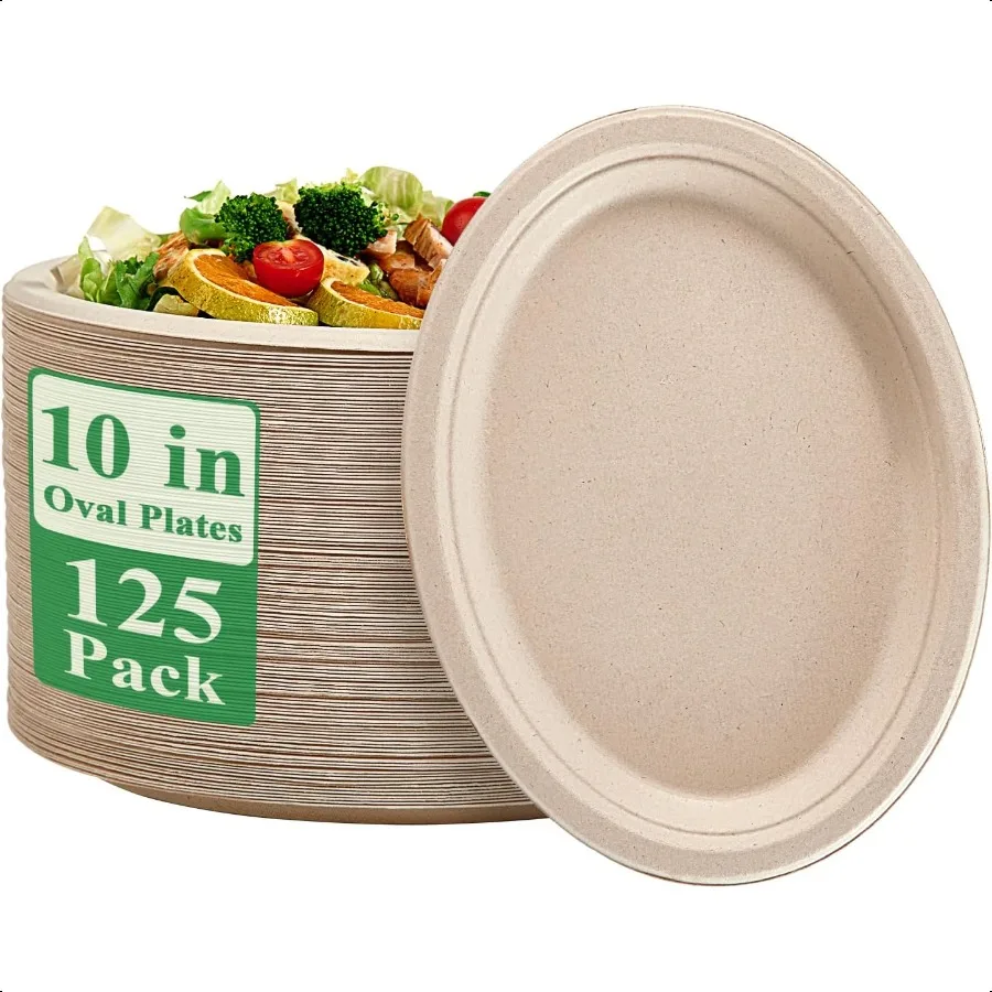 

100 компостируемых овальных бумажных тарелок, 10 дюймов, упаковка 125 штук, прочные бумажные тарелки Bagasse, натуральный биоразлагаемый экологически чистый сахарный тростник