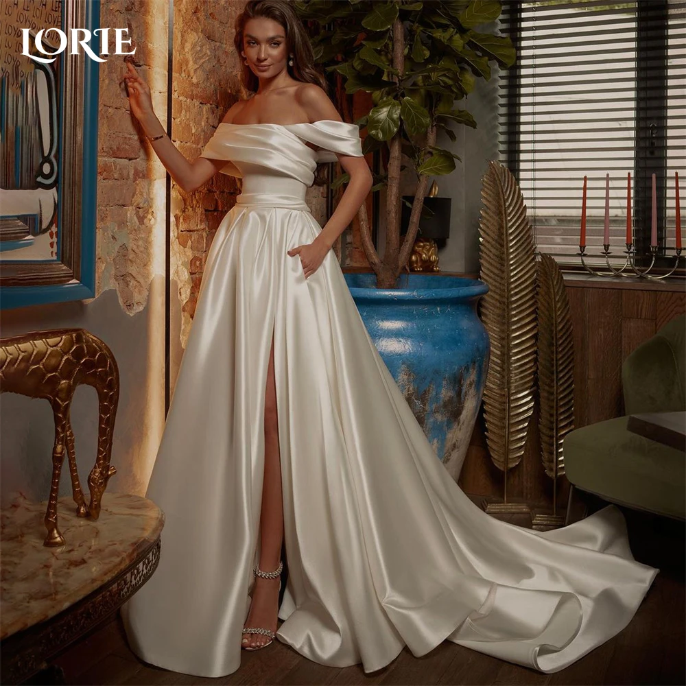 

LORIE Elegant Solid Satin Wedding Dresses A-Line Off Shoulder High Side Slit Bridal Gowns Backless Princess Bride Dress 2024