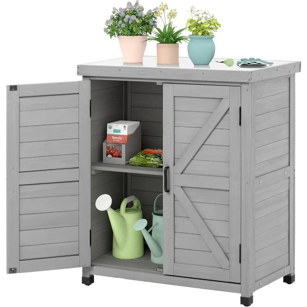 

Outdoor Storage Cabinet & Potting Bench Table with Metal Top, Wooden Patio Furniture, Garden Workstation (Classic Grey, 36x31x17