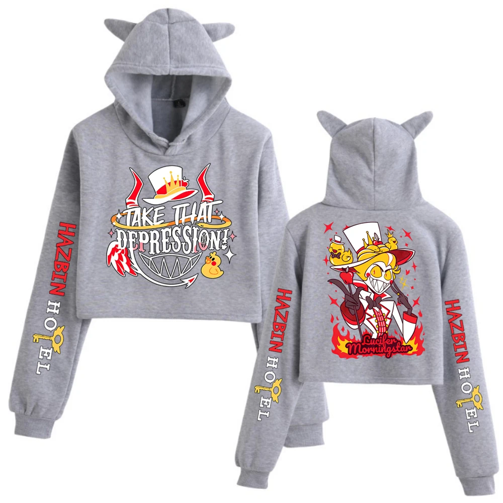 Hazbin Hotel Lucifer Diseño gráfico Crop Tops Sudadera Manga larga Crop Tops Niñas Moda Sudadera con capucha