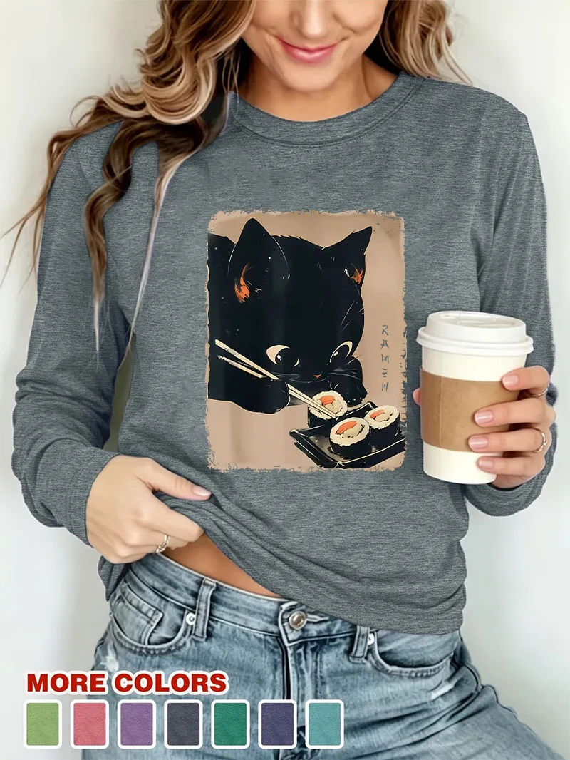 Funny Japanese Style Ramen Cat Casual T-shirt Long Sleeve Elegant Winter Autumn Graphic Trendy Cat Print Soft T Shirt Women
