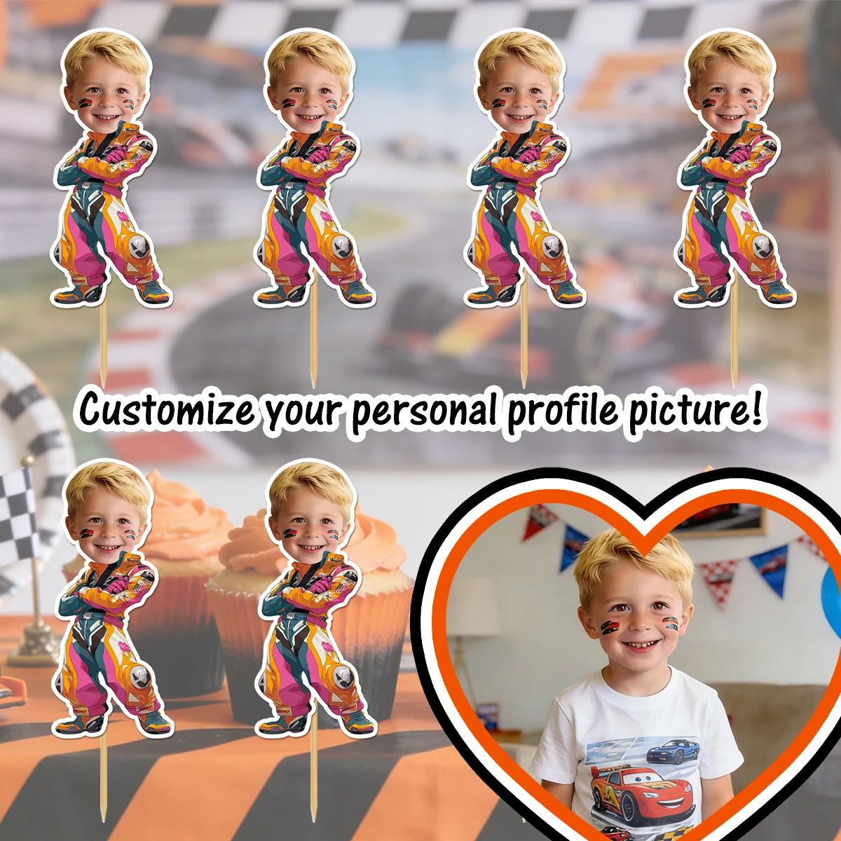 Personalisierter Geburtstags-Rennwagen-Kuchenaufsatz mit individuellem Gesichtsfoto, Rennsport-Thema, Meilenstein-Geburtstagsfeier, Kuchendekoration – Detail 9