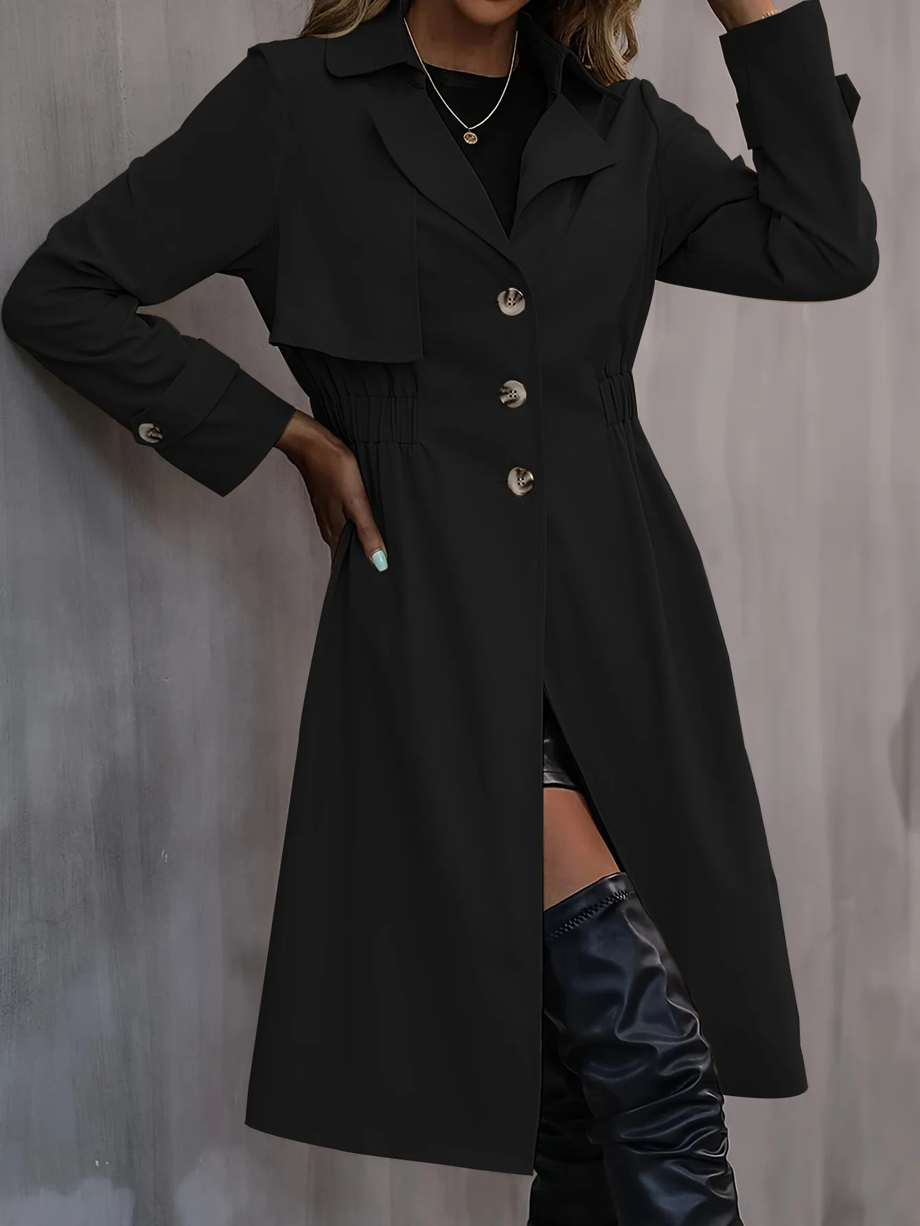 Modische Mäntel für Damen, Herbst/Winter 2024, neue winddichte, warme Windjacke, schicke, geraffte Taille, Rüschen, A-Linien-Saum, elegante Partykleidung