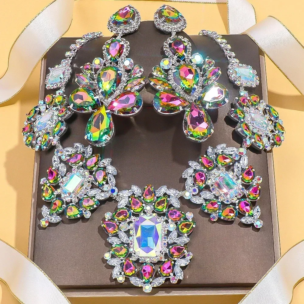 

Exaggerate Jewelry Set Large Water Drop for Women Luxury Design Colour Rhinestone Necklace Earrings Set Bridal Gift Drag Queen
