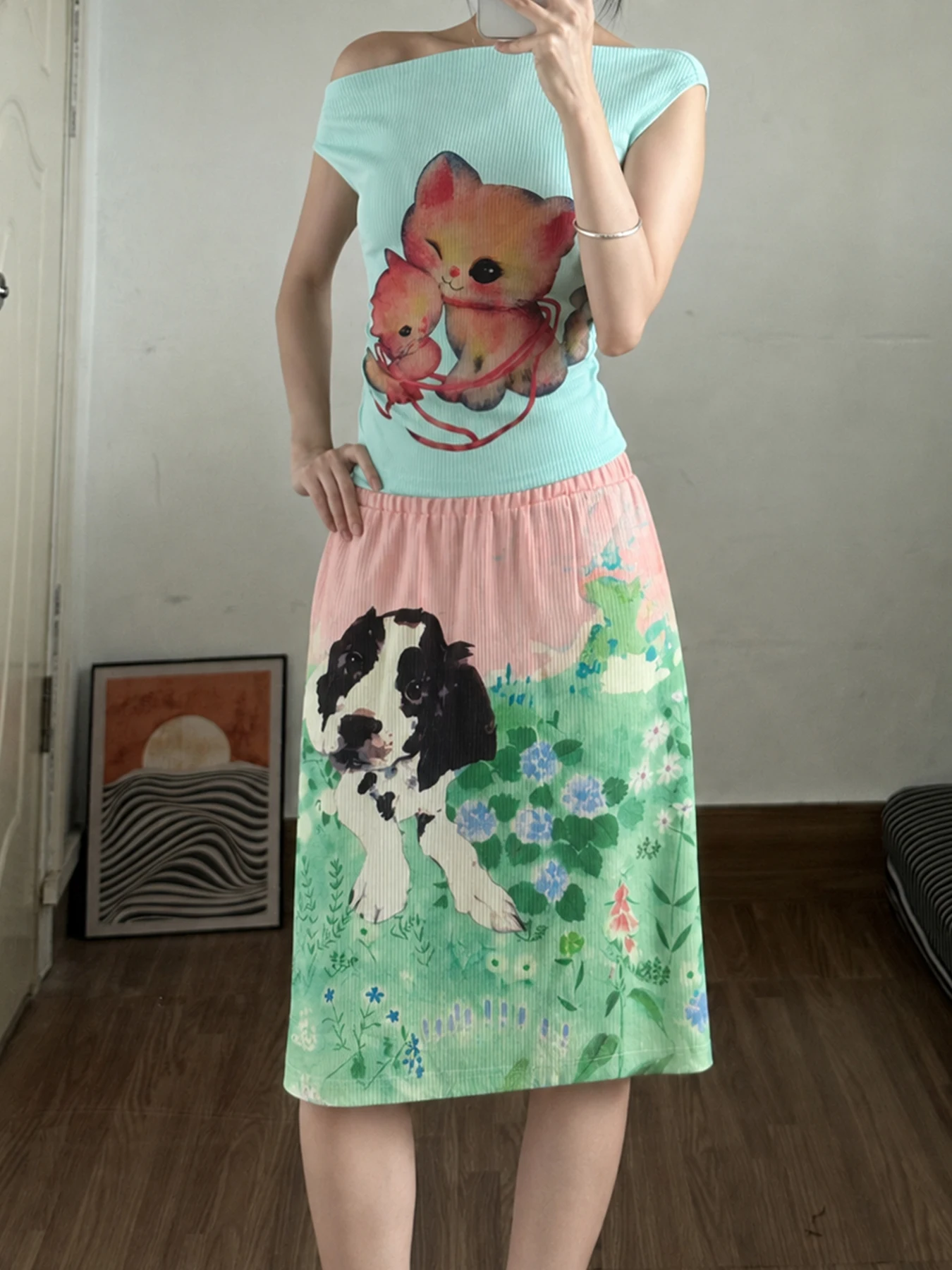 Midi Skirt Floral - 여성용 귀여운 동물 무늬 투피스 세트,