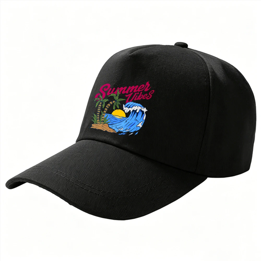Summer Vibes Palm Tree Ocean Wave Sunset Beach Cartoon Graphic Baseball Cap Cotton Adjustable Dad Hat Summer Vacation Beach Gift