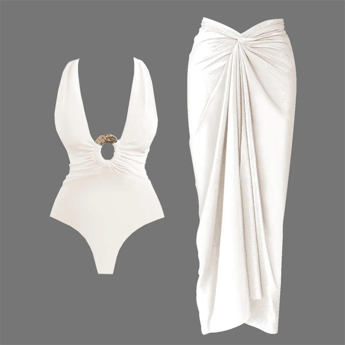 2Pcs Deep V Swimsuit With Long Skirt Women Sexy Swimwear Female Bikini Cut Out Biquini Swim Suit Shiny Button Bodysuit Beachwear image 2
