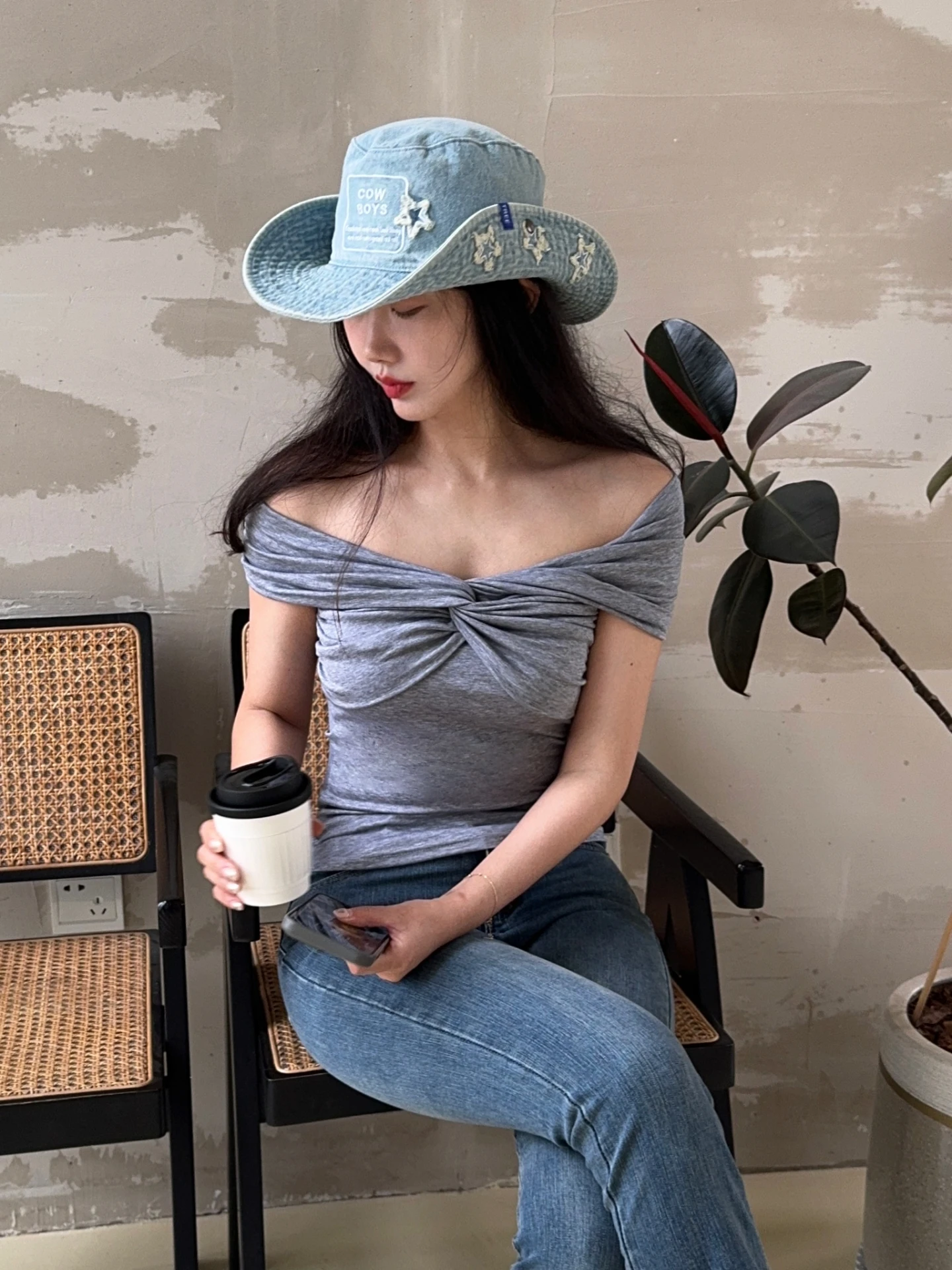 

Dongda Gate ey Sweet And Spicy oulder Bared ort Sve T irt Commute Sle Slim Fit Pure Color Cotton Moisture n...