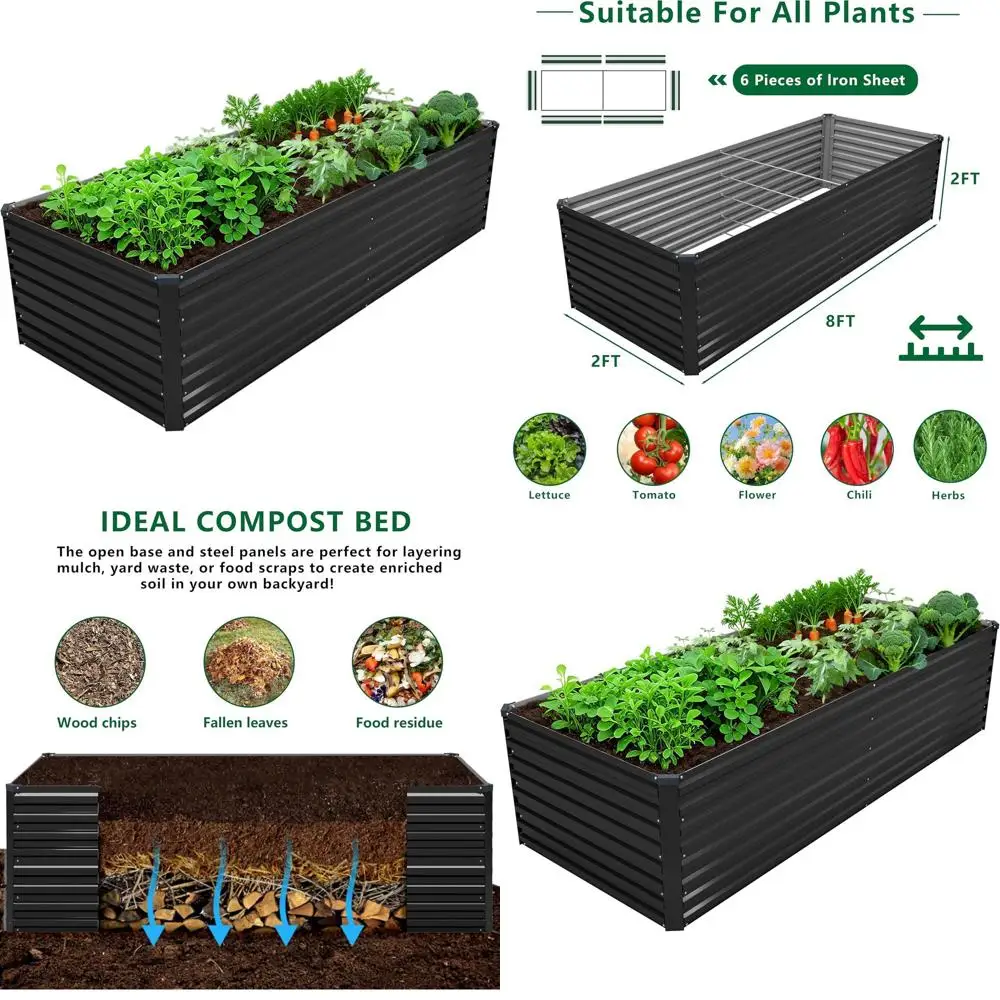 

Большой прямоугольный оцинкованный комплект садовой кровати, уличный кашпо для овощей, фруктов, трав - черный