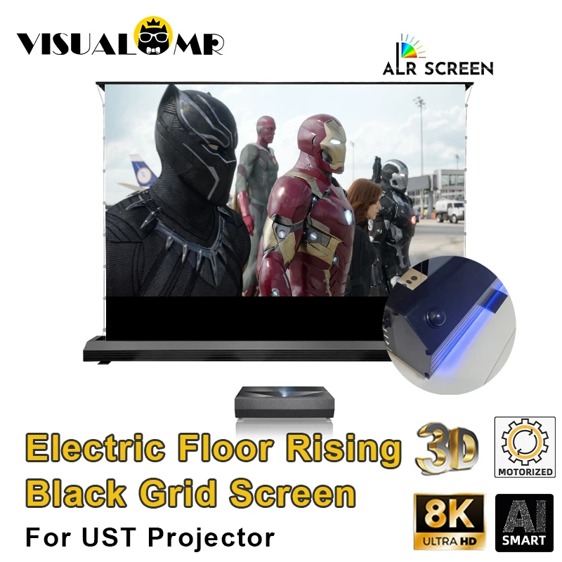

VisualMr Latest Electric Tab Tension Floor Rising Projection Screen 150Inch Black Grid PET Crystal Motorized for UST Projector