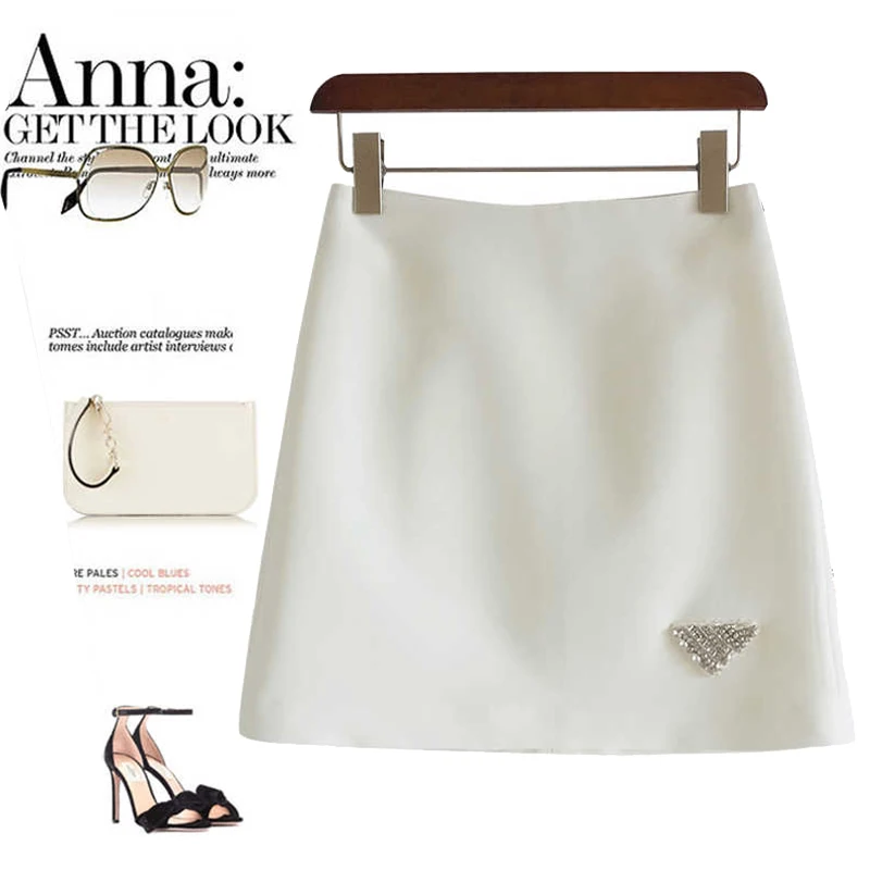  Summer New Sle White Heavy Embellied A-Line  Skirt High Waist Slimming Commute Ladylike ort Skirt for Women
