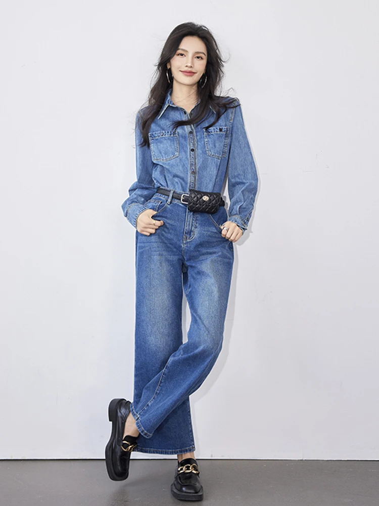 Denim Shirts for Women 2024 Autumn New Buttons Long-Sleeved Shirt Korean Style Loose Turn-down Collar Blouse