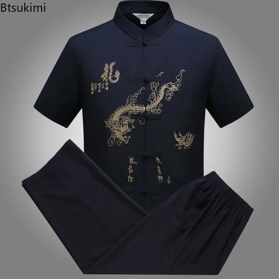 Chinese Style Men's Embroidery Shirt Two Piece Set Traditional Tai Chi Kung Fu Costume Sets Vintage Mid Old Age Tang Suit Dragon