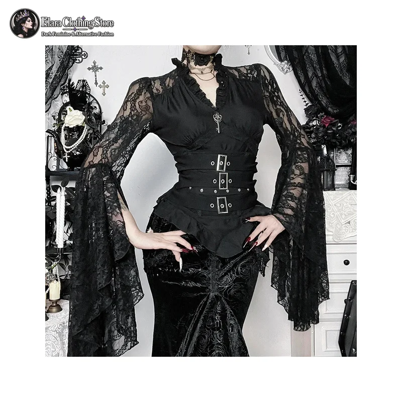 Women Gothic Floral Lace Blouse Black V Neck Sheer Flared Sleeve Top Slim Fit Ruffled Hem Shirt Elegant Romantic Vintage Fashion