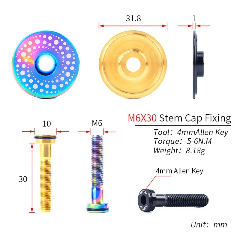 RISK RT103 Lightweight Titanium Alloy Bicycle Headset Cap + M6x30mm Bike Headset Stem Bolt Headset Screw 3 Colors Bicycle Parts