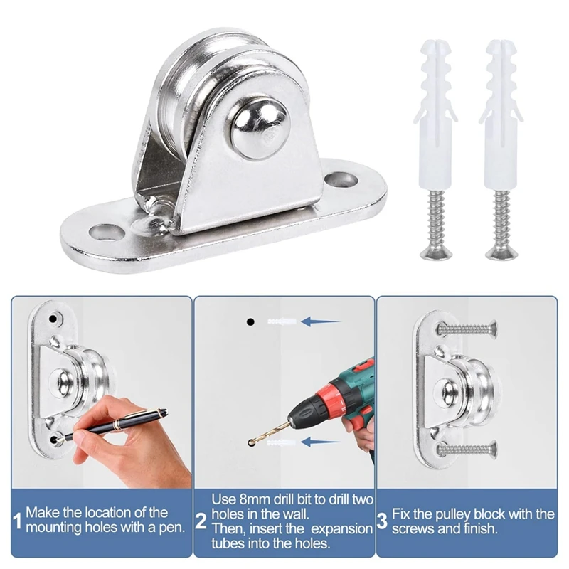 Pulley Block 1Inch Stainless Steel Mini Duplex Pulley Set Roller Frictionless Silent Wheel Heavy Duty Fixed Pulley Kit - 1 Set