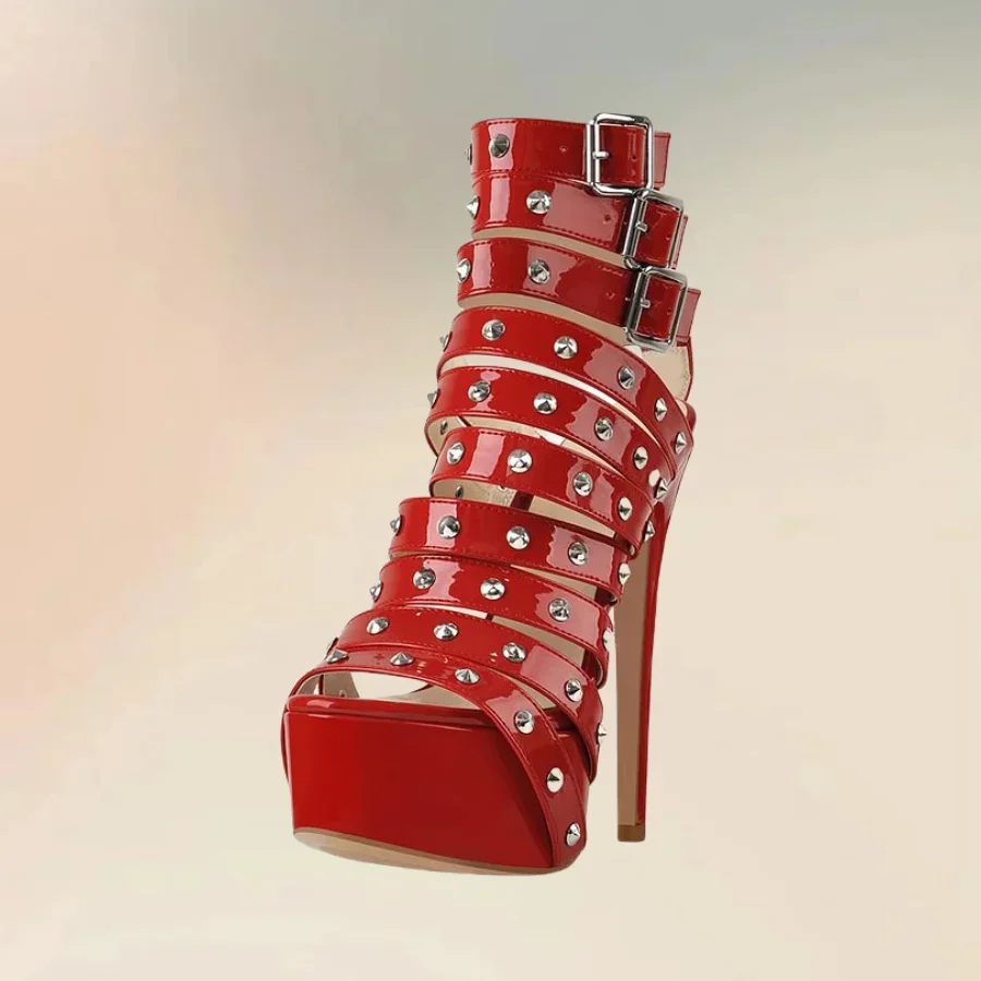 

Red Hollow Design Rivets Buckle Platform Sandals Buckle Strap Women Shoes Thin High Heels Party Banquet 2025 Zapatos Para Mujere