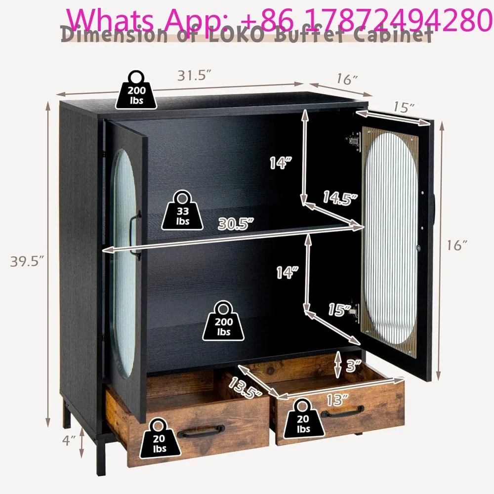 Kitchen Sideboard Cabinet with Tempered Glass Doors and Drawers, Industrial Style Cupboard