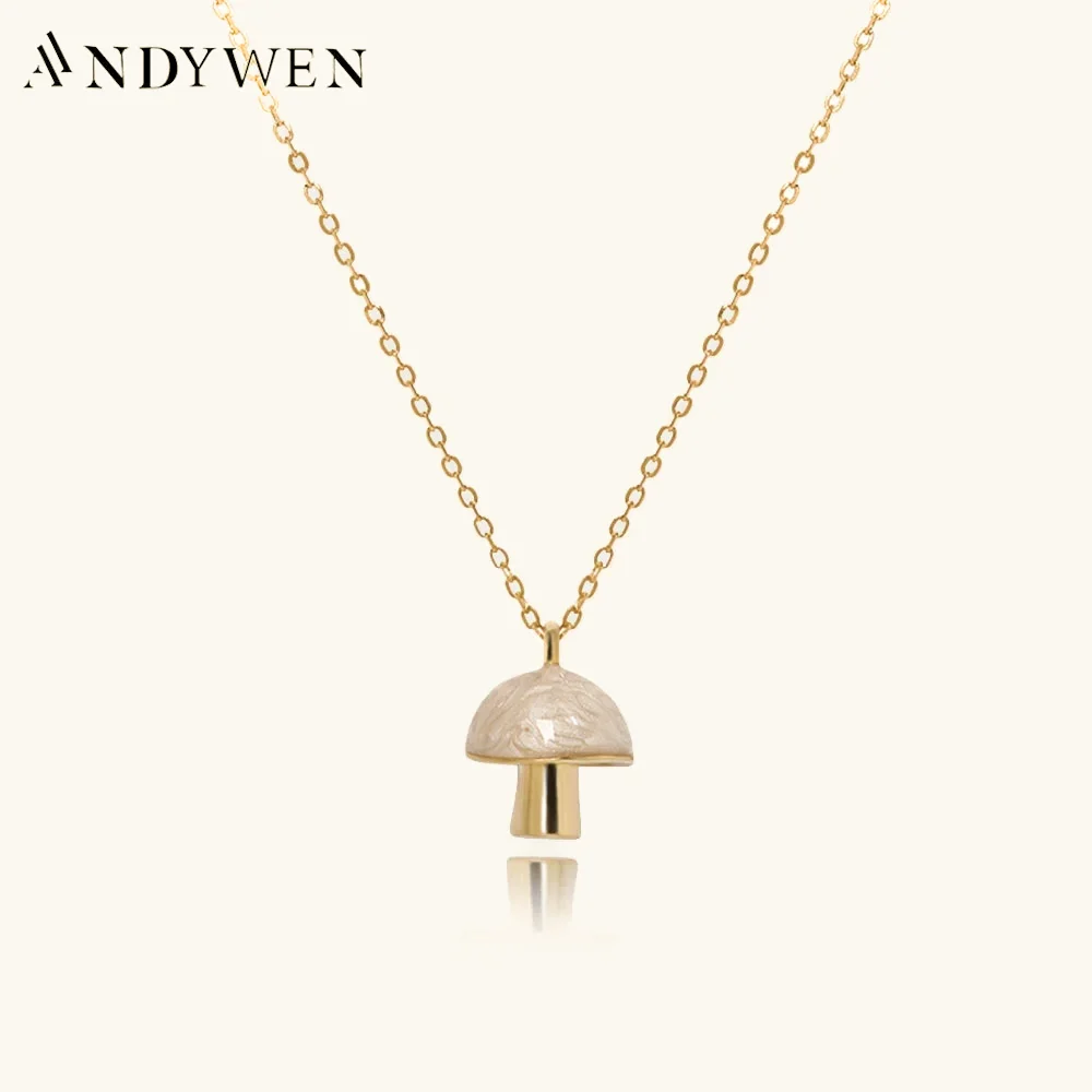 

ANDYWEN 100% 925 Sterling Silver Gold Mushroom Shell Green Women Special Pendant Long Chain Necklace 2022 Women Wedding Jewels