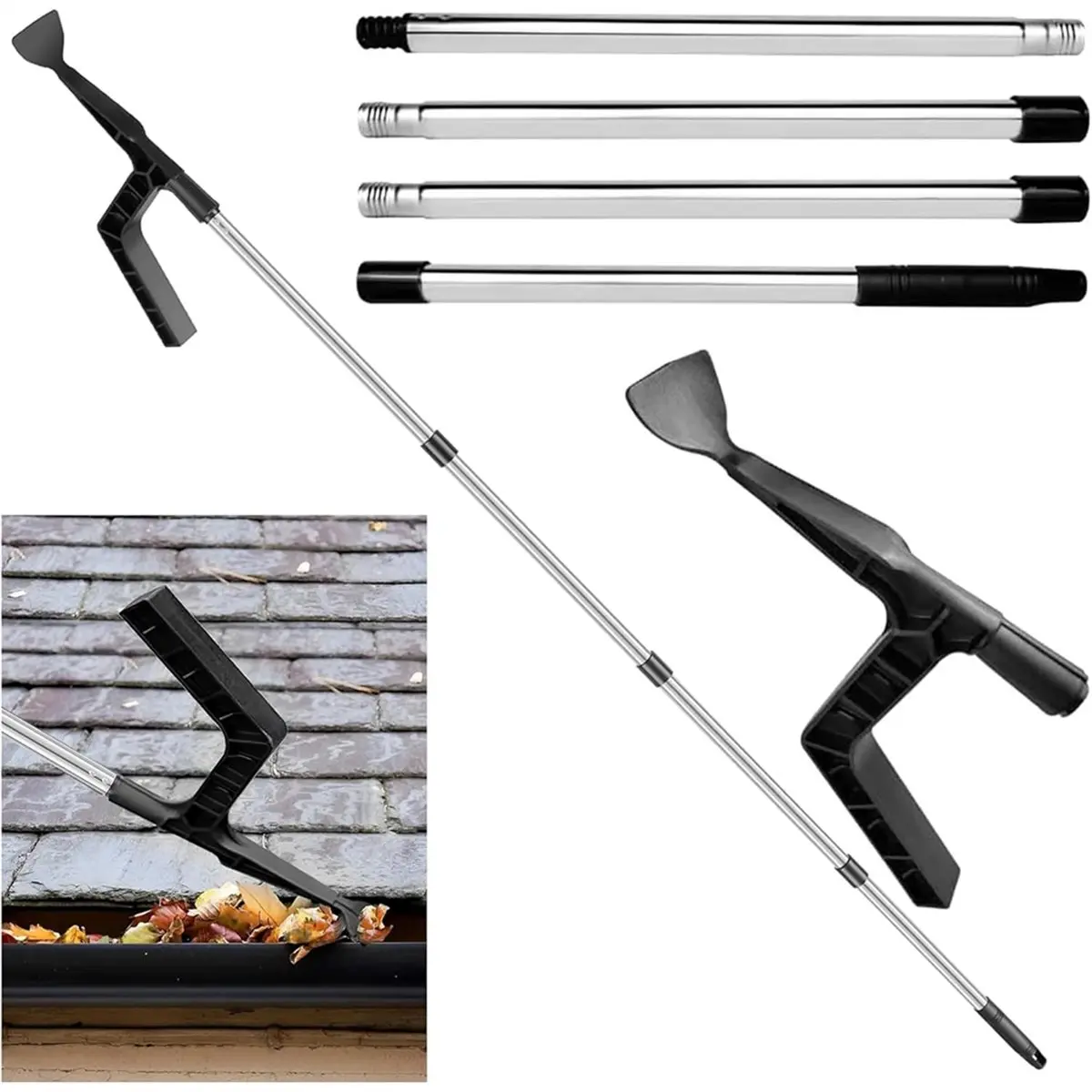 Gutter Cleaning Tools, Roof Gutter with Extendable Telescopic Pole, Detachable Roofing Cleaning Scraper Tool