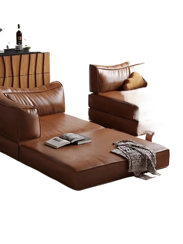 Foldable oil wax leather module sofa small apartment living room tatami dual-purpose pudding sofa bed combination