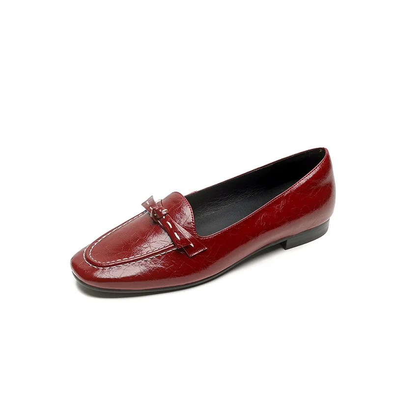 

2026 Spring Cow Leather Women's Loafers Slip-on Low Heeled Office Lady Shoes Middle Mouth Round Toe Red Black Phoenitn FT4323