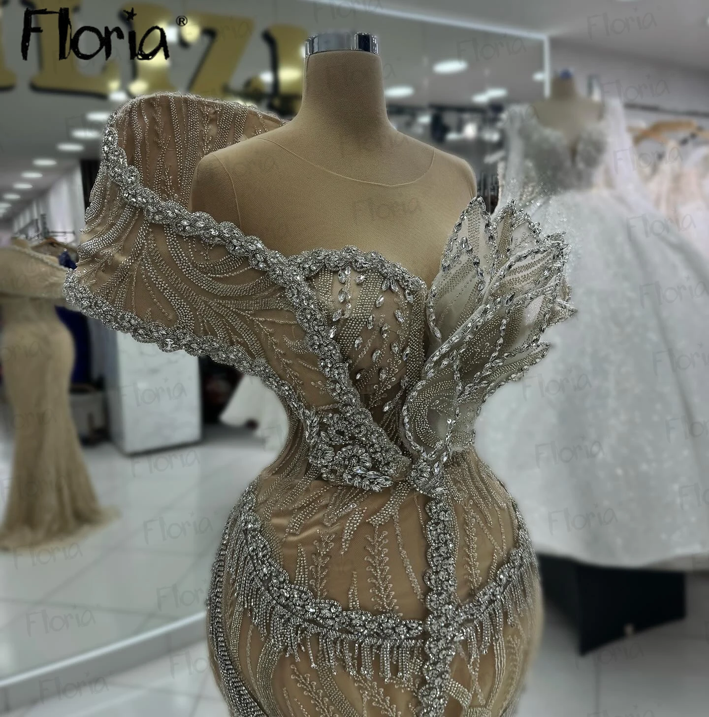 Floria-Off Shoulder Prom Dress, Luxo, Champanhe escuro, 3D Leaf Design, Vestidos de noite formais, Dubai, Festa de casamento, 2022, Personalizado