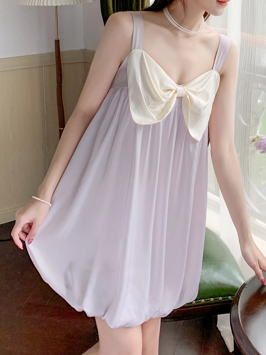 

Summer sweet big bow pajamas girls cool ice silk loose suspender skirt short nightdress can wear flower bud skirt