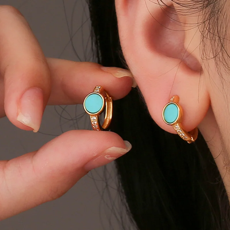 Turquoise Earrings S925 Silver Plated 18k Gold Natural Turquoise Round Earrings Women's Earrings