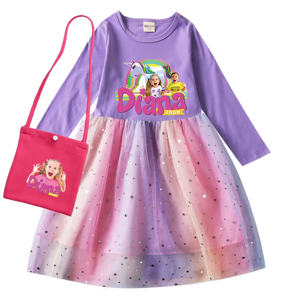 Diana Roma Show Clothes Kids Long Sleeve Princess Dress Girls Mesh Sequin Casual Dresses Children's Halloween Wedding Vestidos