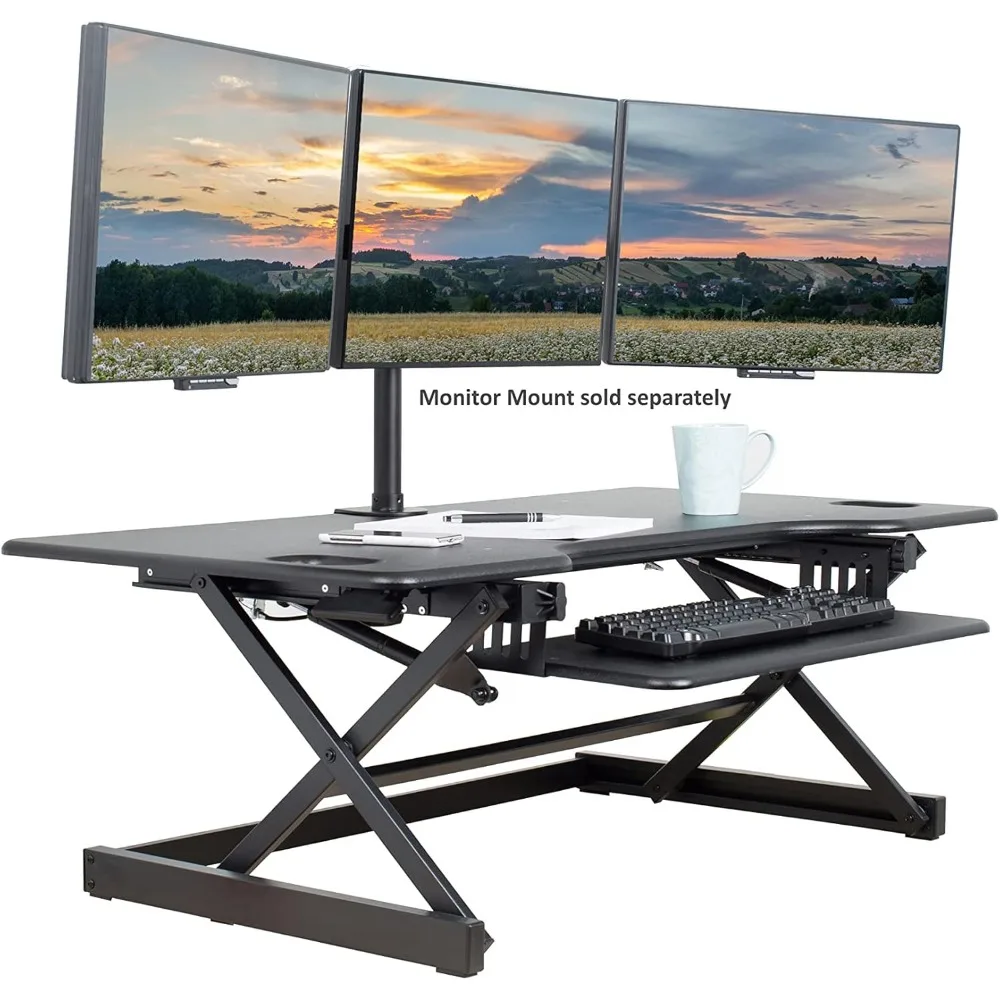 محول مكتب قائم قابل لضبط الارتفاع، حامل شاشة ثلاثي مع مساعدة زنبركية للغاز لانتقالات الجلوس السريعة