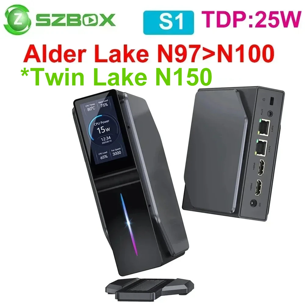 SZBOX S1 كمبيوتر صغير مزدوج Nic مع شاشة LCD ذاتية الصنع Intel Alder Lake N97 Twin Lake N150 كمبيوتر صغير Windows 11 DDR4 3200Mhz NVMe SSD