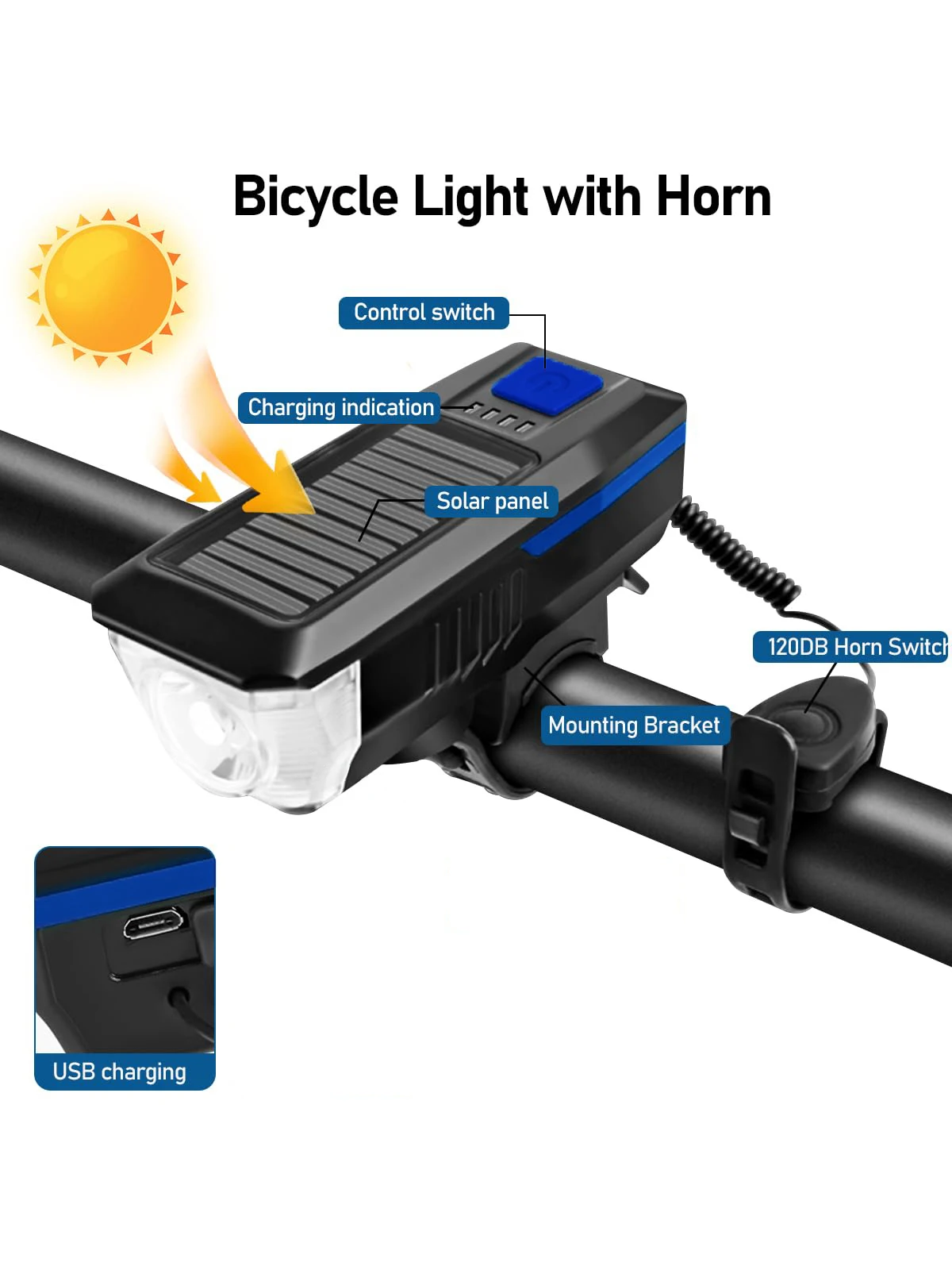 AliExpress NONE Bicycle Night Light, Solar Charging, Dual-Purpose Horn, Strong Light Flashlight, Safety Cycling Headlight, Ipx5 Waterproof for Adults and Children