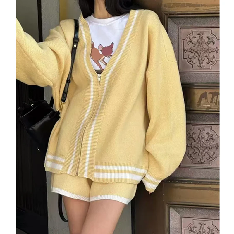 

Fashion V Neck Long Sleeve Cardigans Women Sweaters Knitted Loose Shorts Two 2 Pieces Sets Casual Office Simple Zipper Outfits