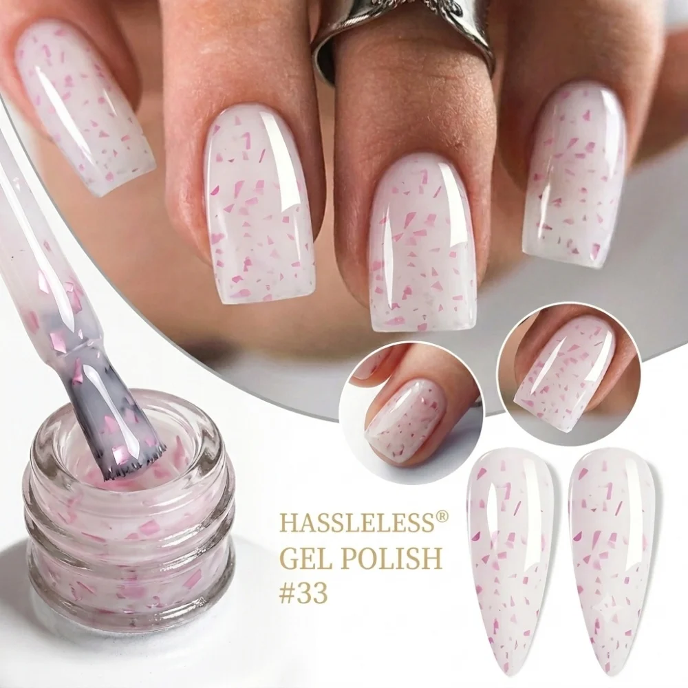 Hassleless Milky White Gel Polish Embedded Pink Shredded Flakes Soak Off Gel for Nail DIY Design