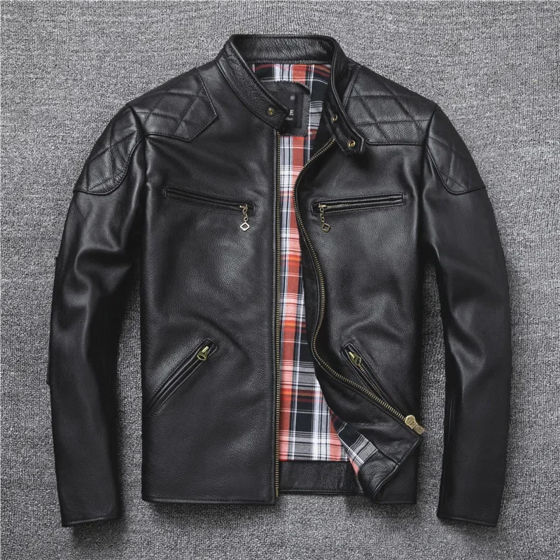 YR!Free shipping.Classic motor rider leather jacket.quality cheap cowhide coat.brand new black slim clothes,men