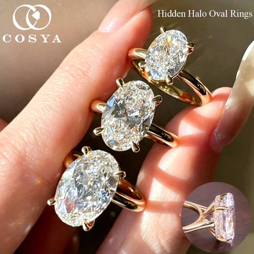 COSYA 1-8CT Oval Cut Moissanite Hidden Halo Rings For Women S925 Silver Plated 18K Gold Solitaire Big Wedding Band Fine Jewelry
