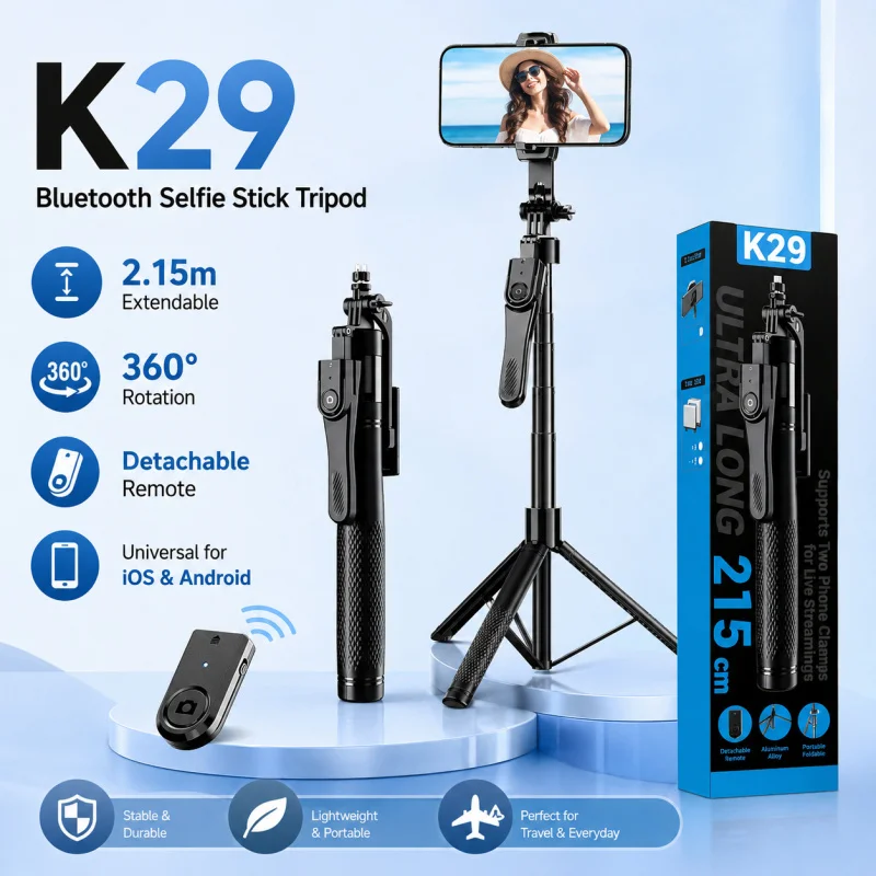 2M Bluetooth Selfie Stick Tripod with Remote, Universal Extendable Phone Stand for iPhone Android, Live Streaming Vlog Trave