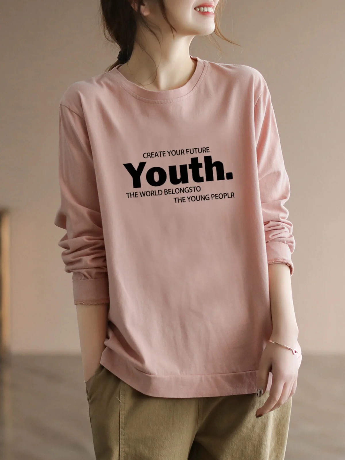 

100% Pure Cotton Long Sleeve T-Shirt Loose Casual round Neck Print Women's Top for Autumn Winter Comfortable Breathable Loose...