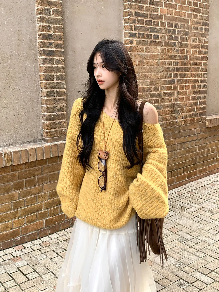 

Adan Soft Wool Knitted Sweater Fall 2025 Korean Sle Loose Slimming V-Ne Warmth Commute Sle Women's Long Sve Top