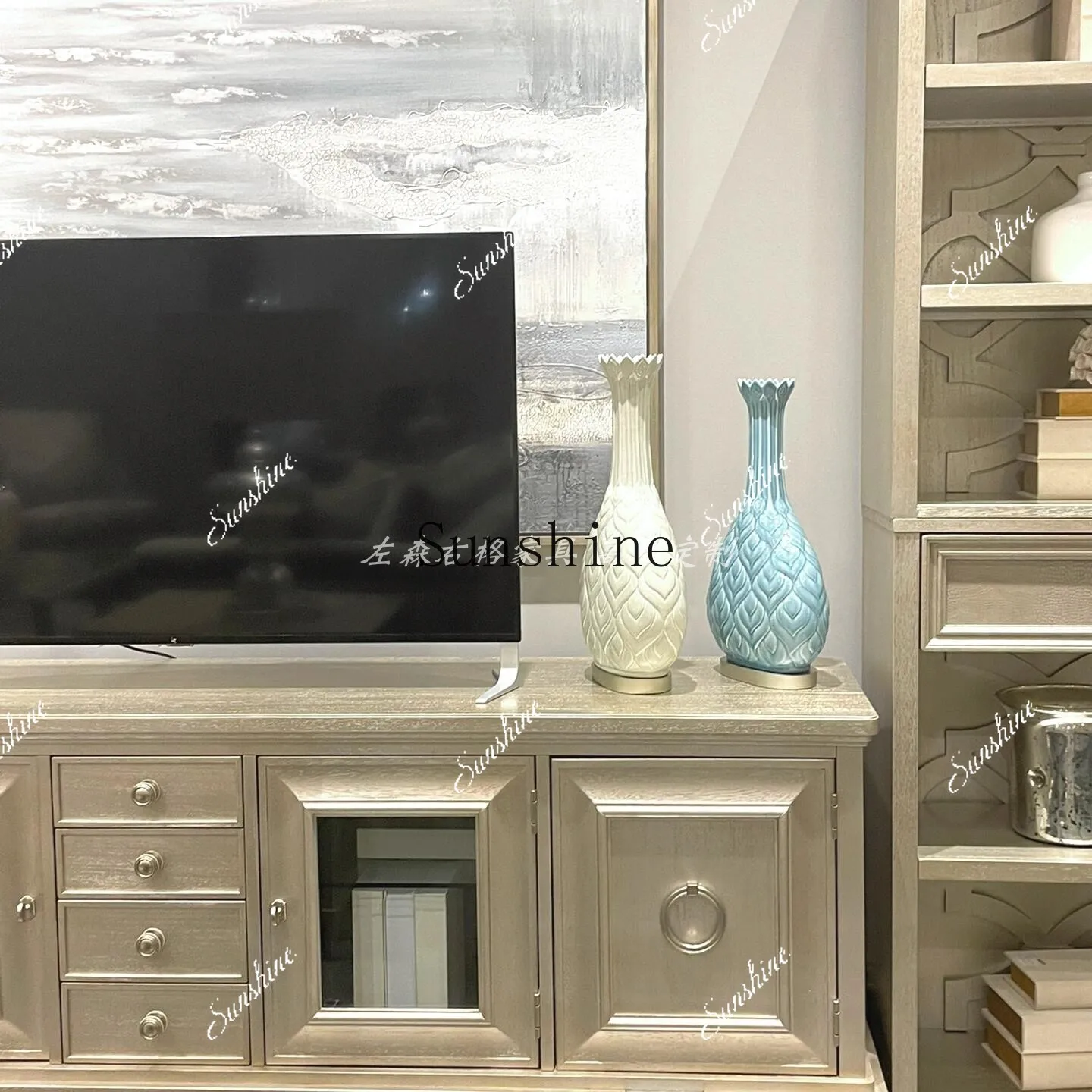 Furniture American solid wood engraving light luxury laser projector TV cabinet customization  FT